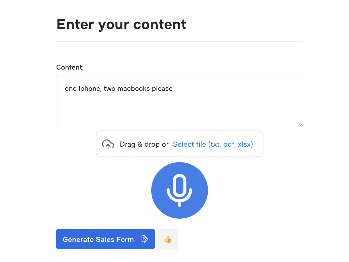 QuoteFlow liides, mis näitab toodete valimist ja pakkumise genereerimist